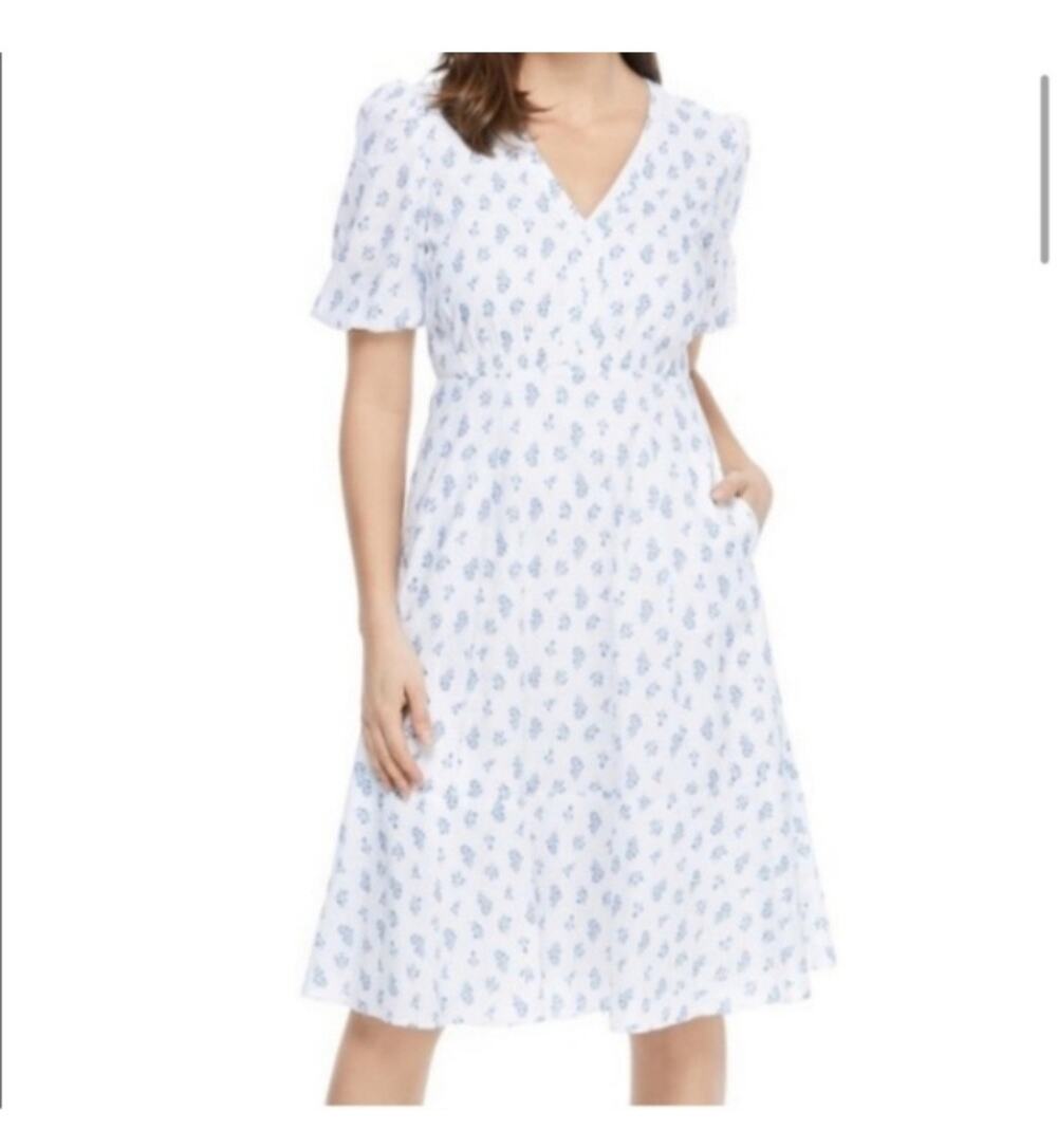 Gal Meets Glam Loretta White Blue Floral Fit & Flare Linen Midi Dress Size 20